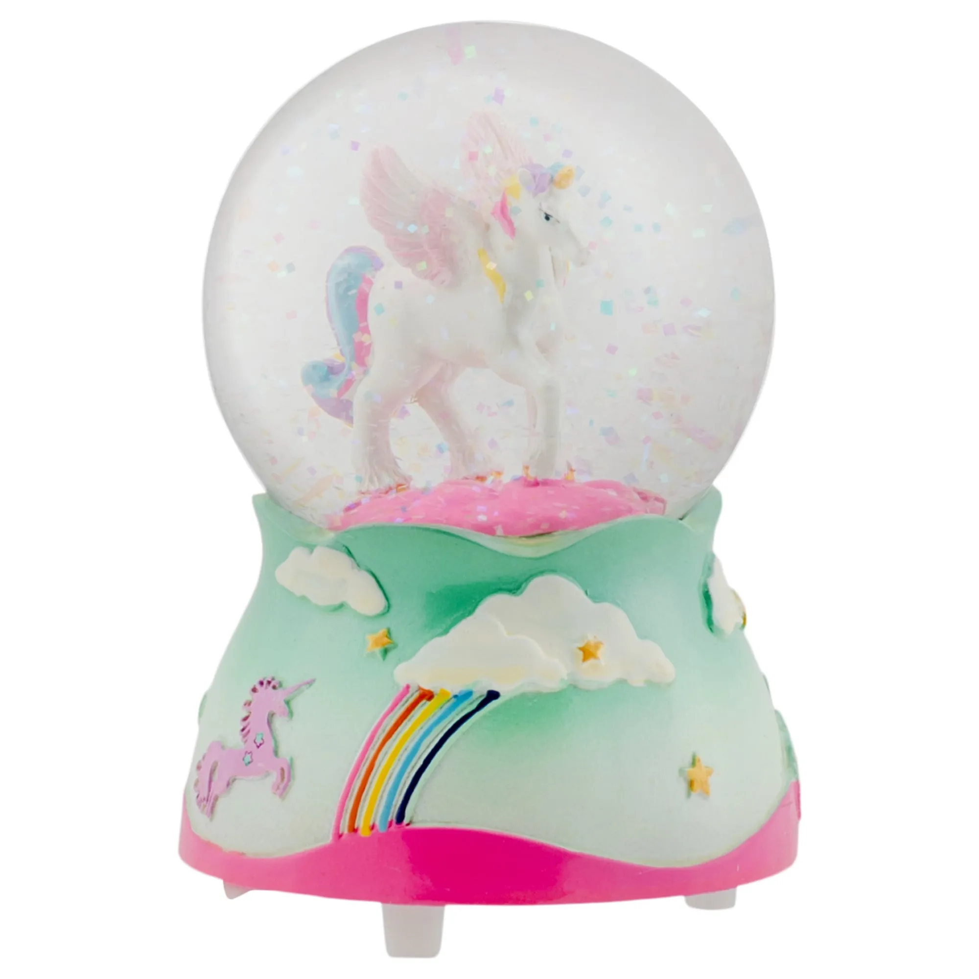 Flying Rainbow Unicorn 80MM Musical Snow Globe Plays Tune The Unicorn